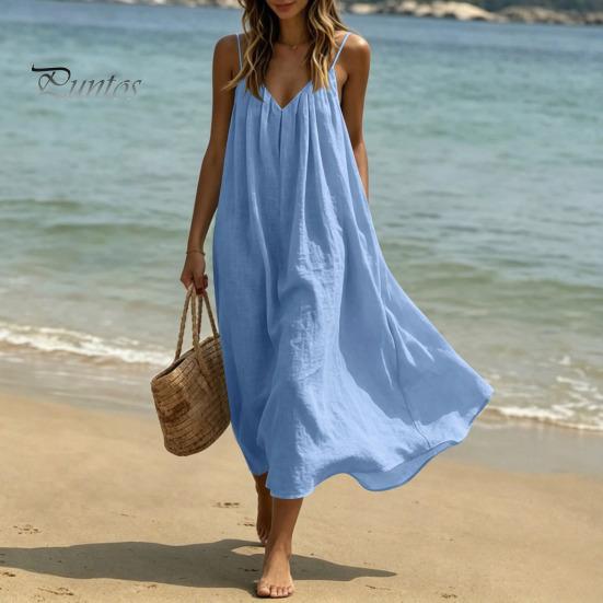 Soft Fabric Dress Women's Spaghetti Strap Beach Sundress, Summer Sleeveless V Comfortable Neck Cami Dress, Loose Flowy Vacation Long Versatile Holiday