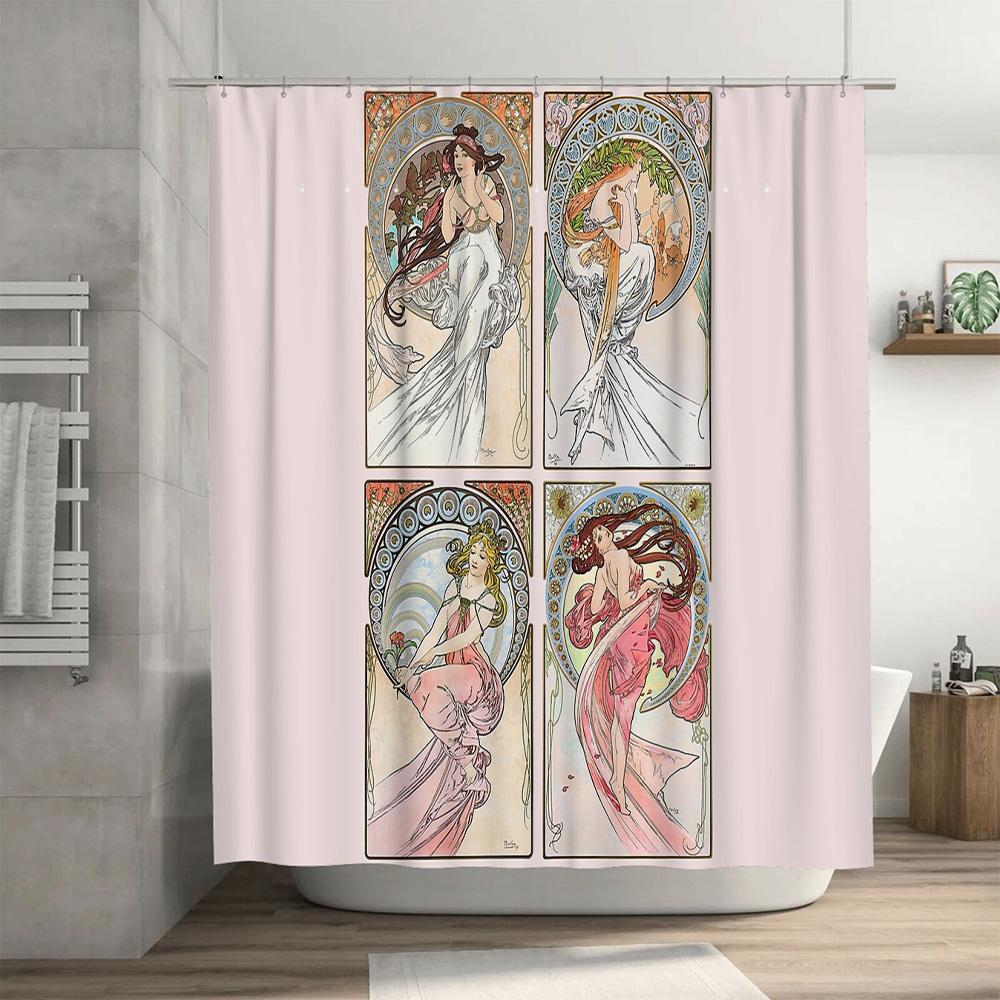 Vintage Art Nouveau Waterfall Shower Curtain Botanical Floral Pattern Bathroom Decor Elegant Backdrop Nature Landscape Home Text