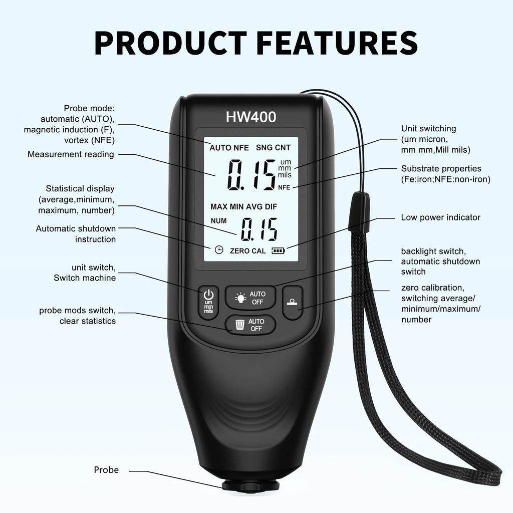 HW400 Car Paint Coating Thickness Tester Car Paint Electroplating Metal Coating Thickness Tester 1pc