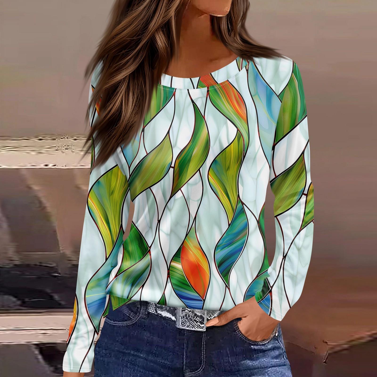 

Женская модная повседневная свободная футболка с принтом и круглым вырезом с разрезом и длинным рукавом, женский топ XXXL зелёный