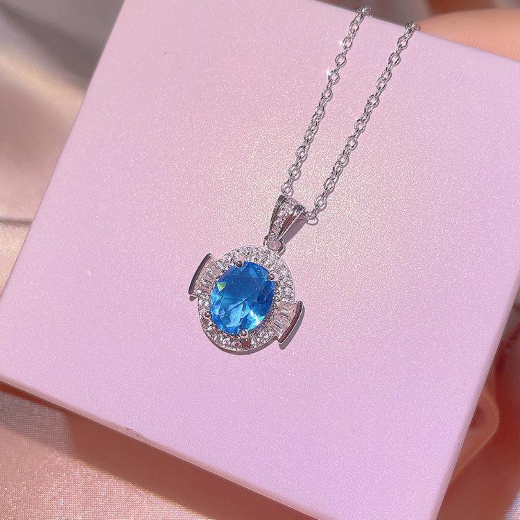 High-End Imitation Topaz Moissanite Blue Pendant with Water Wave Chain - Unisex Alloy Design
