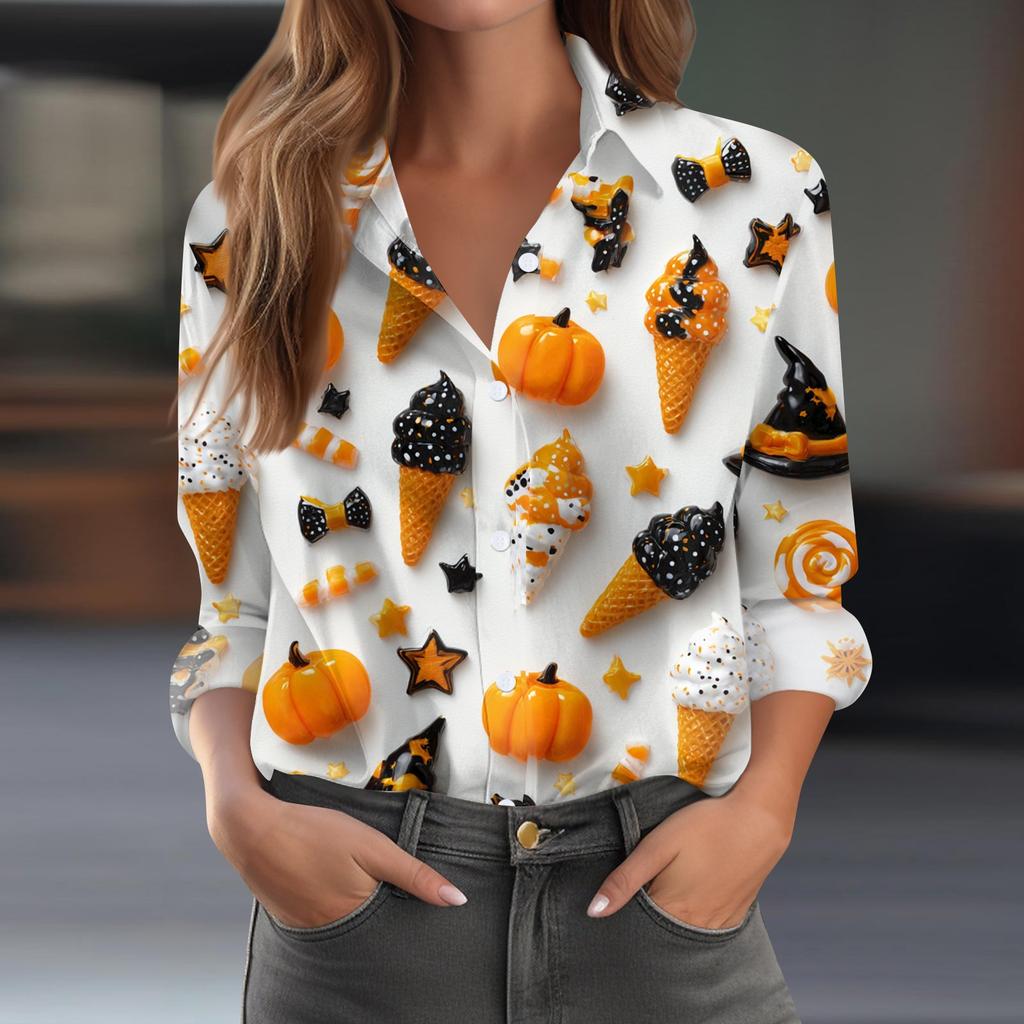 Women's Halloween Printed Casual Half-Open Collar Long Sleeve Shirt