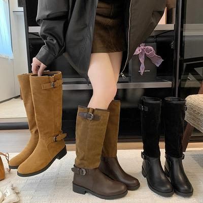 Cowhide Version~ Dong Jie's Same Splicing Pile Boots for Women's Autumn and Winter 2025 New Knight Boots Retro Wind Boots