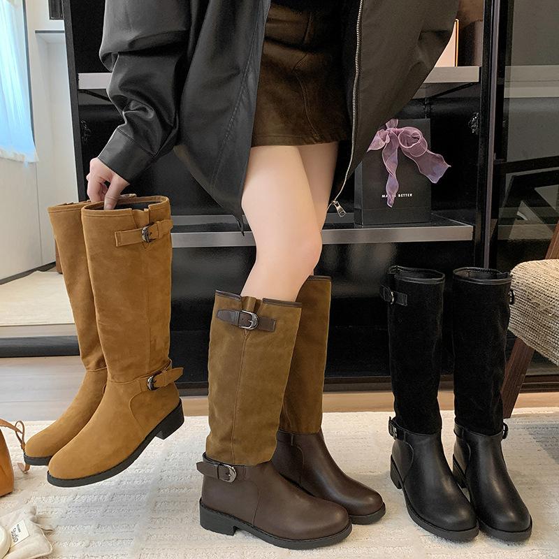 Cowhide Version~ Dong Jie's Same Splicing Pile Boots for Women's Autumn and Winter 2025 New Knight Boots Retro Wind Boots