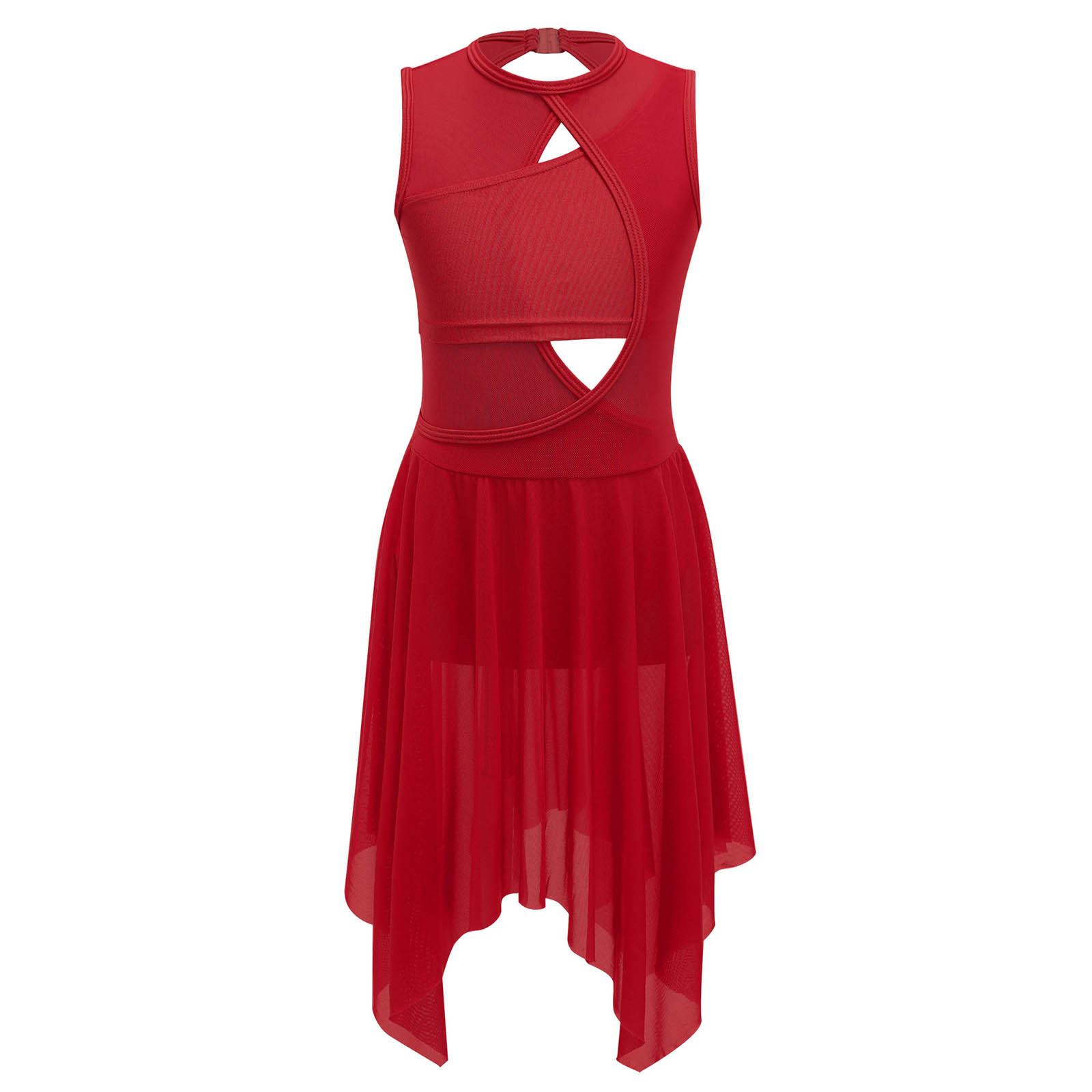 Mädchen Ärmelloses Tanzkleid Rundhalsausschnitt Überkreuzt Ausgeschnitten Spandex Mesh Patchwork Rückenfrei Auftrittskleidung 5-6 Years rot