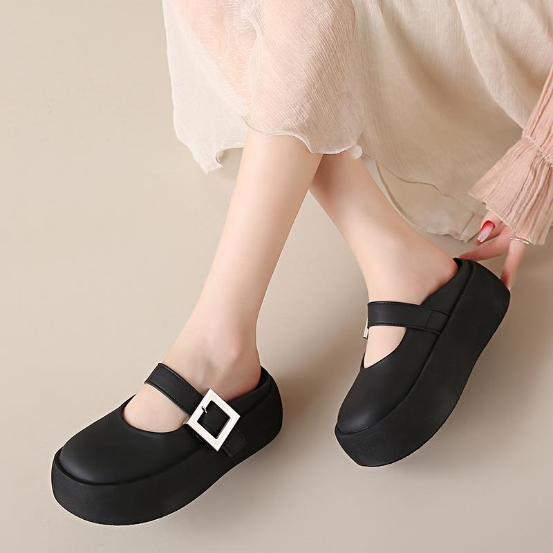 Summer new casual fashion baotou half slippers one-word square buckle niche design muffin thick bottom rocking drag