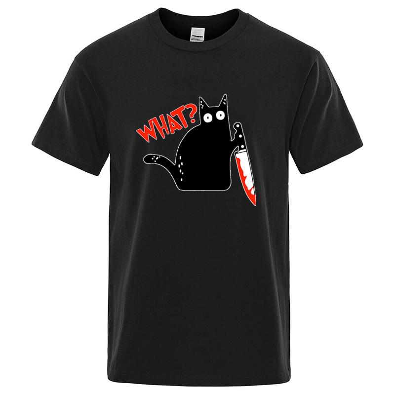 Men's T-shirt High Quality Cotton Blend Funny Knife Cat Printed Casual Loose Cool Streetwear Fo