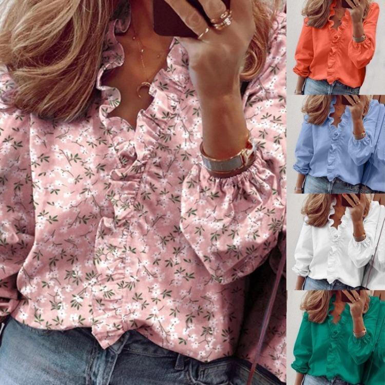 Comfortable Elegant Ruffle Blouse Long Sleeve Solid Color Womens Fashion Shirt