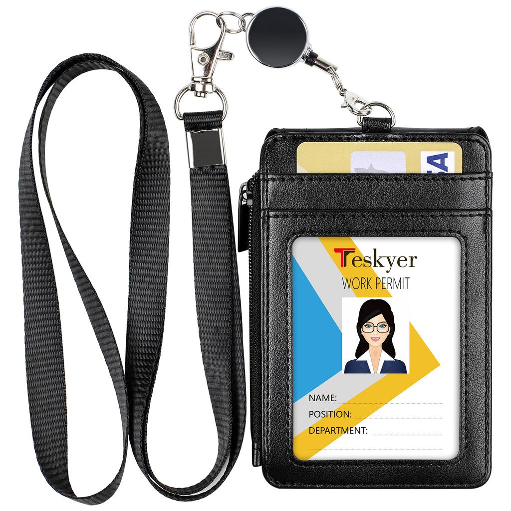Low Moq Stamping Logo Pu Leather High Capacity Portable Credit Card Holder With Zipper Lanyard Reel Retractable