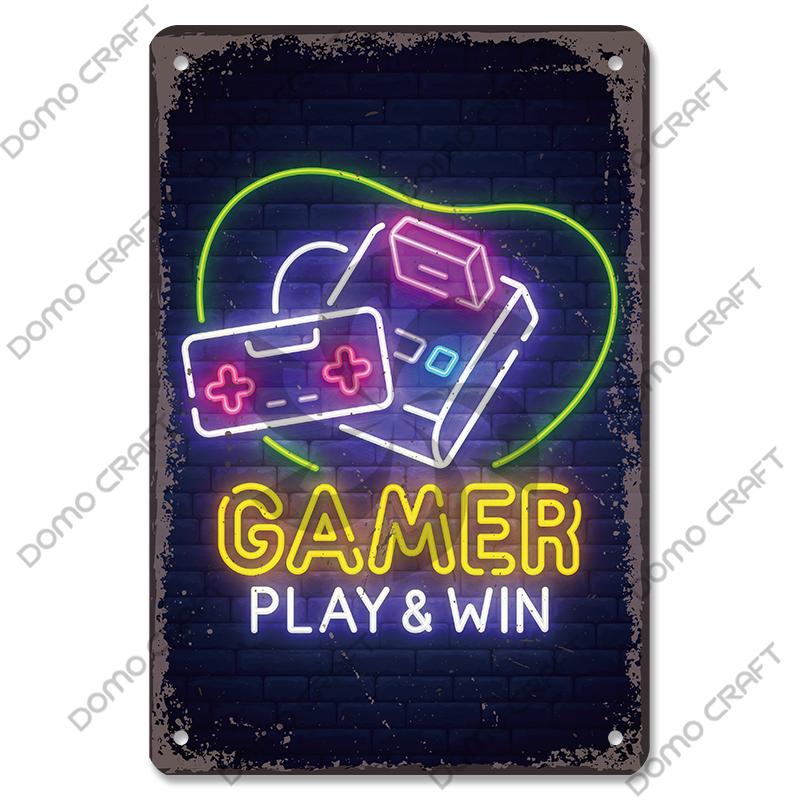 Poster Neon pentru jocuri video Placă metalică Gamer Play Win Game Zone Semne de tablă din metal Decor de perete retro Sala de jocuri Bar Pub Peștera omului