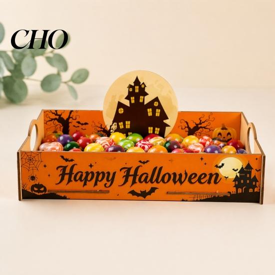 Holiday Home Decoration Halloween Witch Decorative Wood Serving Tray with Handle, Ghost Pumpkin Castle Table Decor Trick or Treat Dessert for