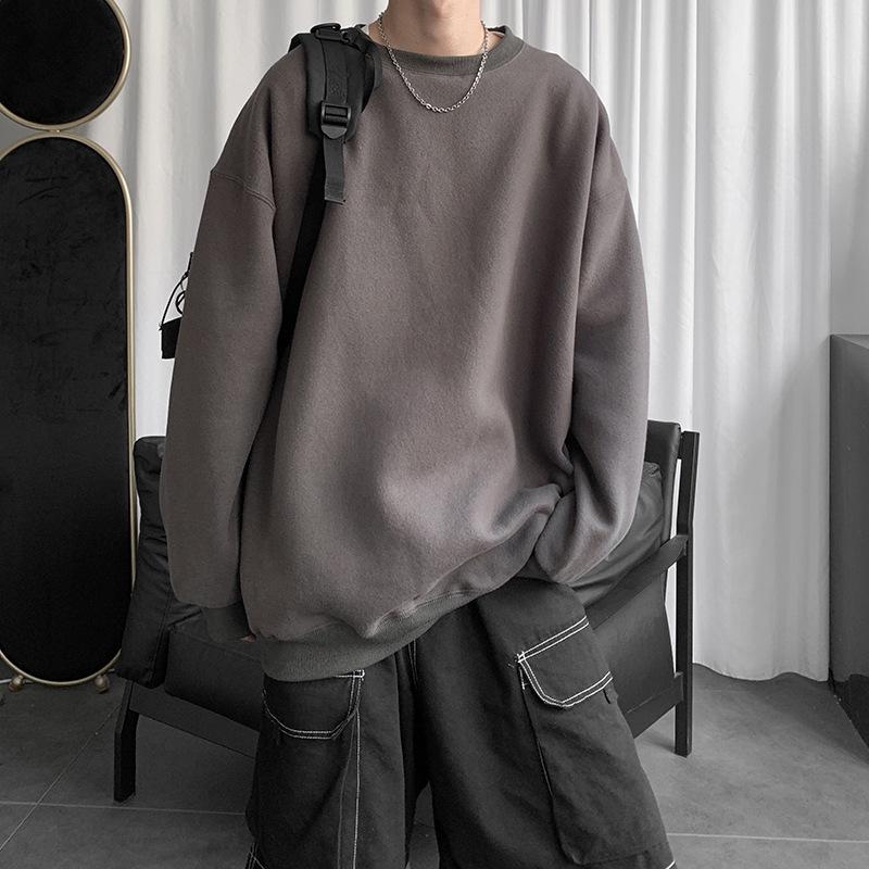 Men's Trendy Hong Kong Style Long-Sleeve Sweatshirt - Versatile, Loose-Fit Solid Color for Couples and Students, New Autumn Top