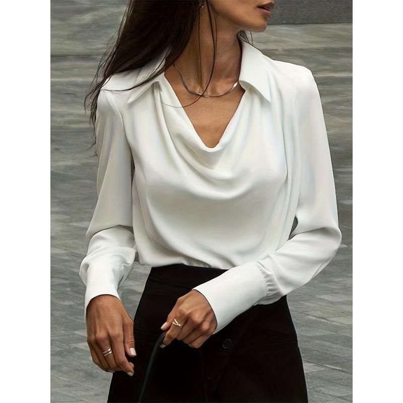 women s Collared Cowl Neck Long Sleeve Solid Color Satin Elegant Blouse Top S