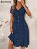 Summer New Fashion Polka Dot Women's Dress Sexy V-Neck Pleated Short Sleeve Floral Dress