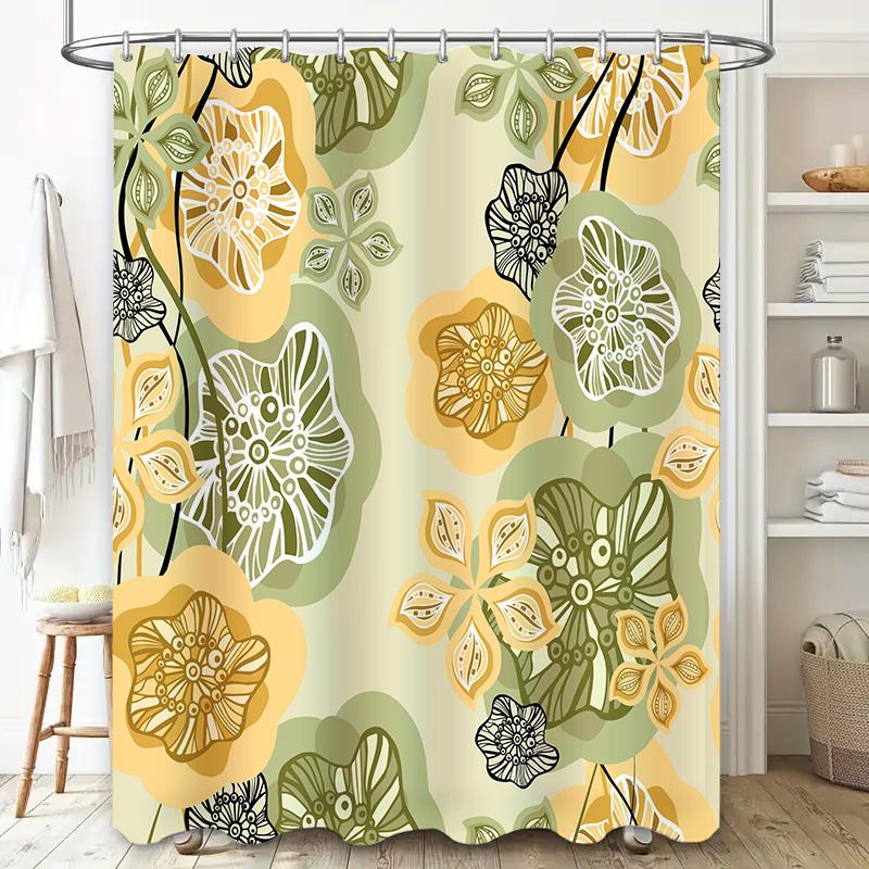 Luxurious Floral Print Shower Curtain Bathroom Decor Waterproof Bath Tub Liner for Home Living Room Hotel Decoration Yellow Gree