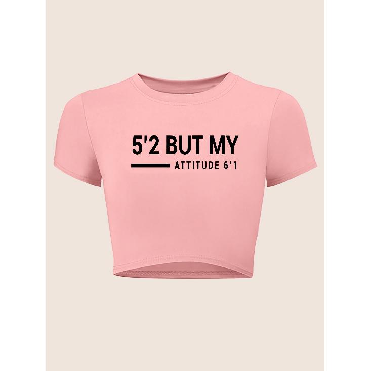 Letter-printed short-sleeved round-neck top, casual slim-fit, cropped T Shirt S розовый