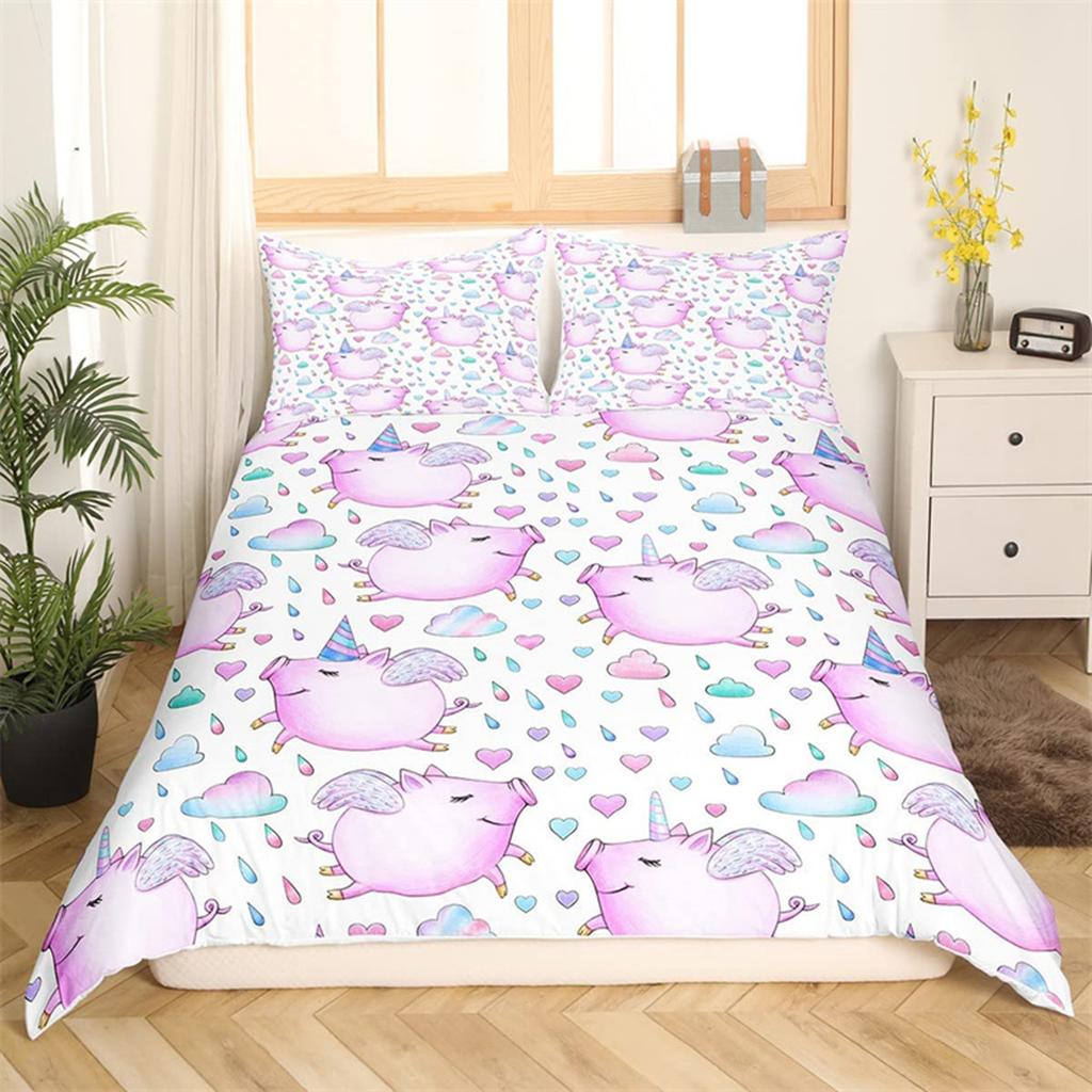 Cartoon Cute Pink Pig Duvet Cover for Children Boys Girls Microfiber Pigs Floral Cartoon Farm Animals Theme Bedroom Decorations