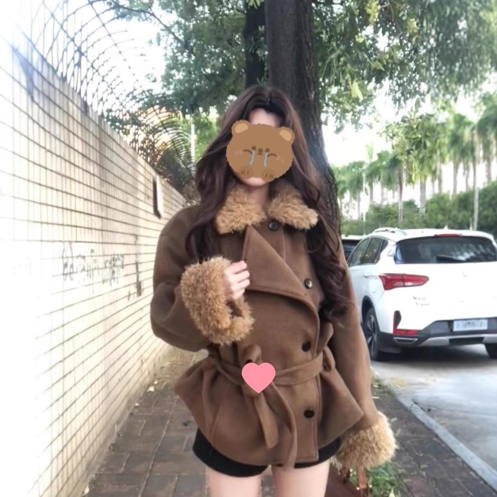 Women's Autumn Winter 2025 Retro Coffee Wool Coat - New Design, Tie-Up, Casual Loose Fit, Versatile Overcoat