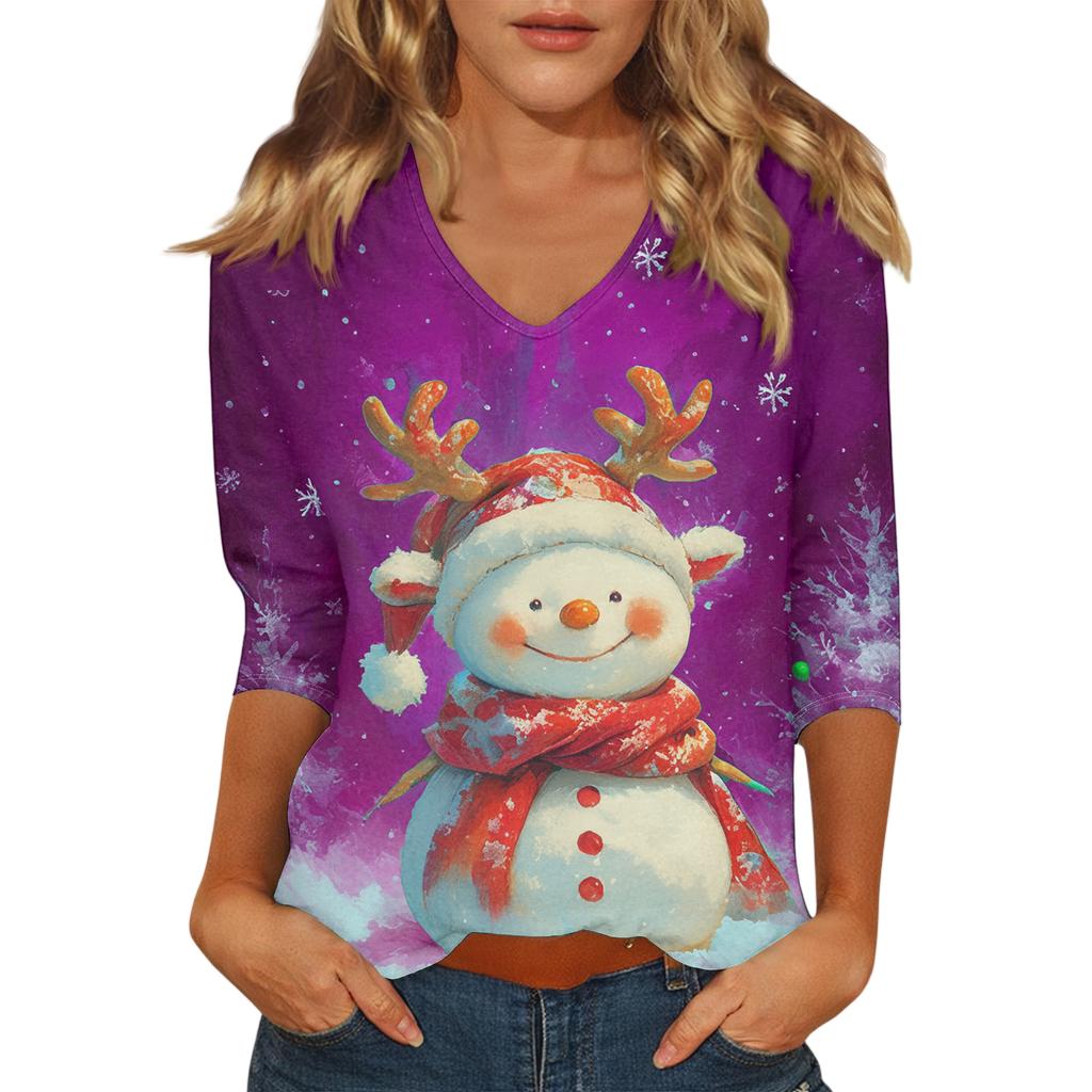 Damen Weihnachts-Print Modisch Lässig Siebenviertelärmel V-Ausschnitt Top