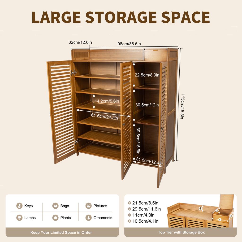 Modern 3-Door Shoe Cabinet with Storage Box, Bamboo Wood Organizer for Entrance Hall, Large Capacity Shoe Rack for Small Space