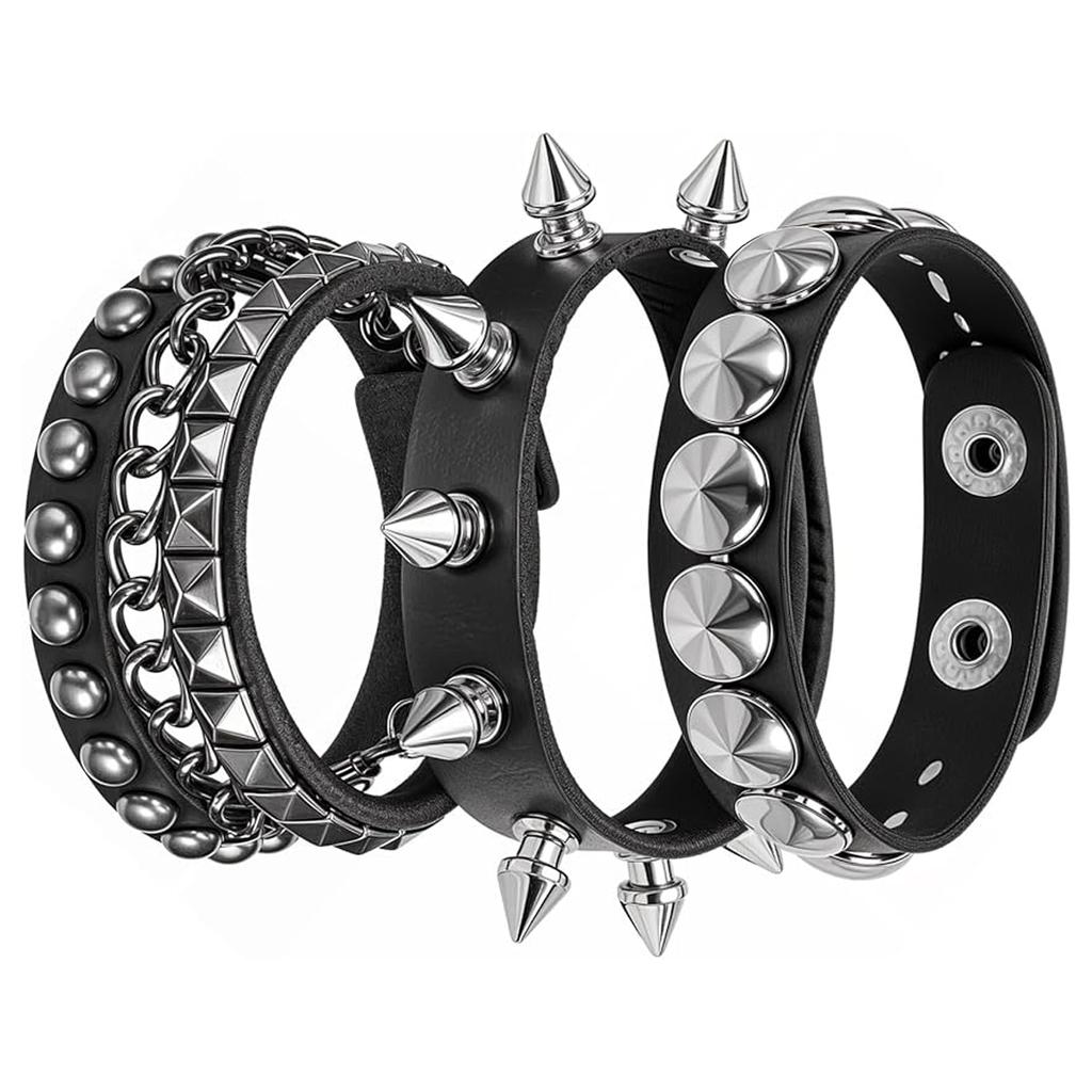 3 Pieces Punk Bracelet For Men Women 80S90S Gothic Spike Bracelets Rivet Cuff Leather Wristband Adjustable Punk Rock Bracelet