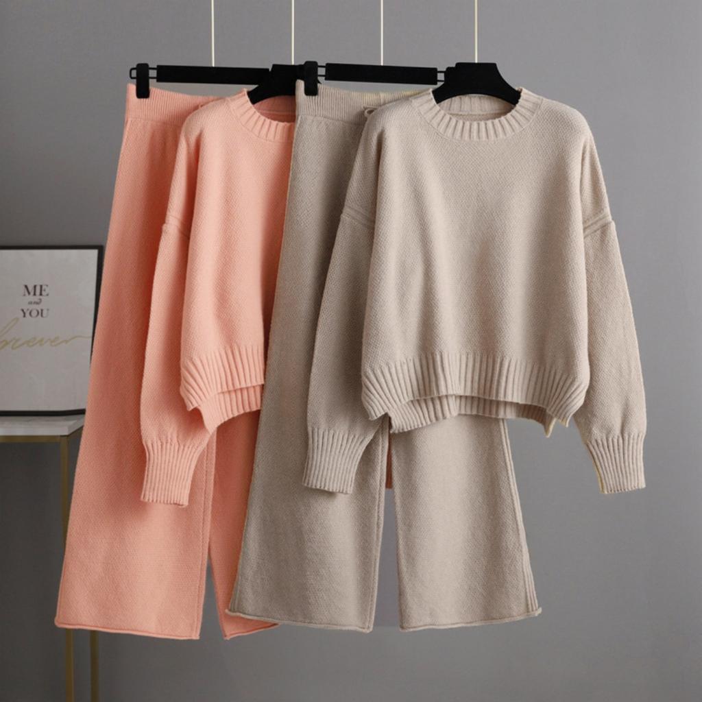 Autumn and Winter New Fashion Casual Knitted Set Pants Women's Edition Loose Sweater Wide Leg Pants Two Piece Set