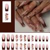Glossy French Floral Press On Nail 24PCS Long Coffin Shape Nail Tips Autumn Brown False Nail Not Need Tools For Women