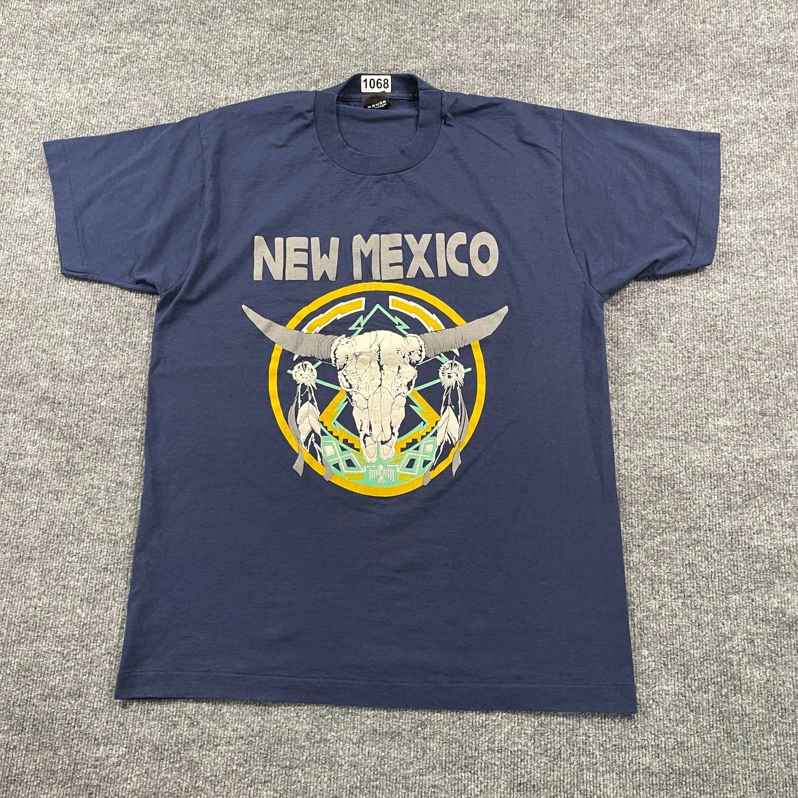 

Vintage 80s New-Mexico Western Bull Skull Puff-Print Shirt Large 22x29 Blue S