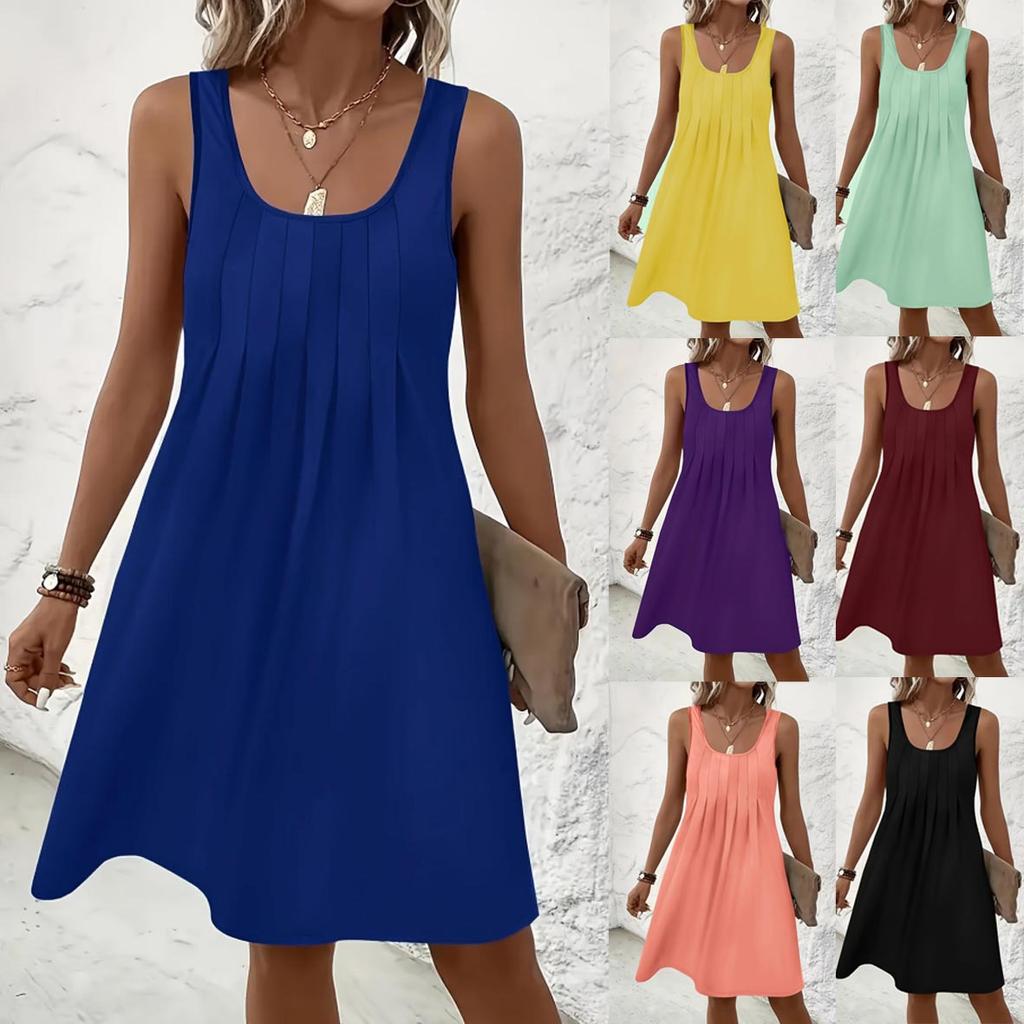 Women's U Neck Sleeveless A Line Mini Dress Solid Color Front Pleated Casual Tank Sundress