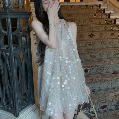 French Sequin 2000s Vintage Y2k Dress Women Beach Style Sleeveless Mini Dress 2024 Summer New Slim Fit Even Party Short Dress