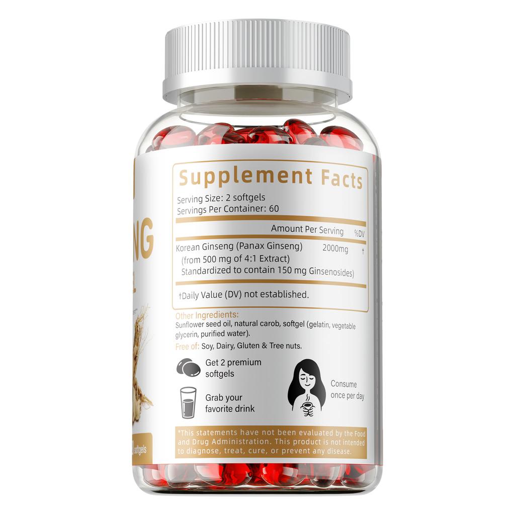 Buporai Ginseng Soft Capsules, containing 2000 mg, nutritional supplement, suitable for adults.