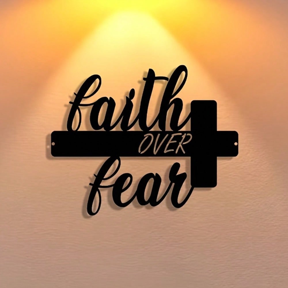 Vintage Faith Over Fear Cross Metal Sign Iron Wall Decor Inspirational Plaque Home Office Gift