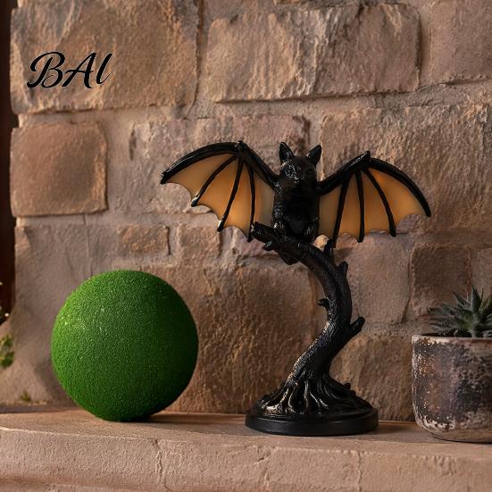 Dark Academia Bedroom Accessory Vintage Black Bat Table Lamp, Resin Gothic Decorative Night Light, Retro Alternative Home Aesthetic Decor Style
