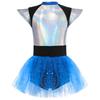 Kinder Mädchen Metallic Alien Kostüm Glänzende Flügelärmel Mesh Tutu Kleid Halloween Cosplay Outfits
