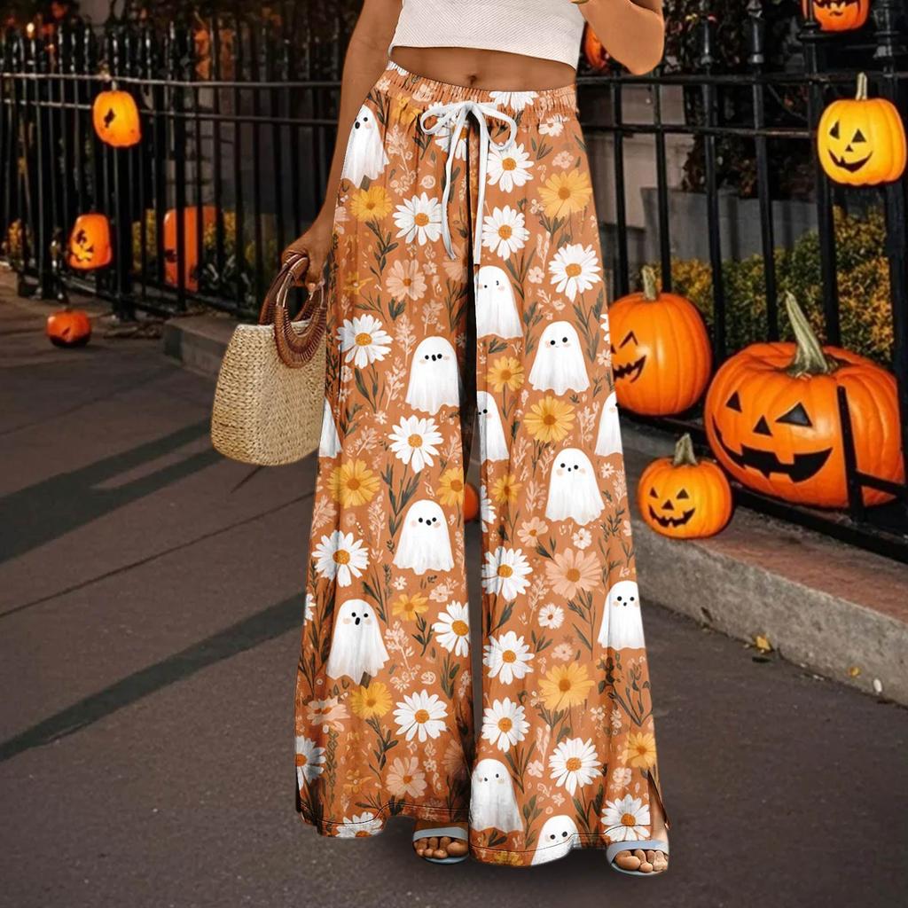 Women's Casual Wide Leg Pants Stretch Belt Pocket  Print Adjustable Tie Pants