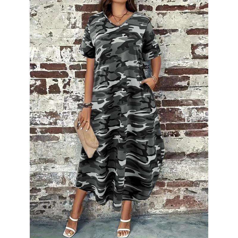 Women's Camouflage Print Dress Spring/summer Round Neck Short-sleeved Comfortable Casual Dress