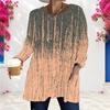 Women Plus Size Round Neck Printed Long Sleeve T Shirt Blue Brown Loose Fit Longline With Pockets