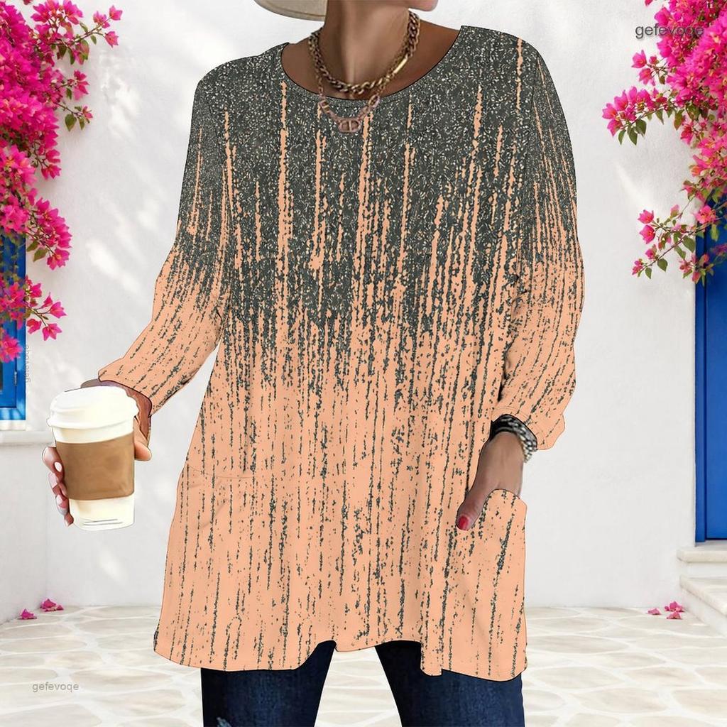 Women Plus Size Round Neck Printed Long Sleeve T Shirt Blue Brown Loose Fit Longline With Pockets