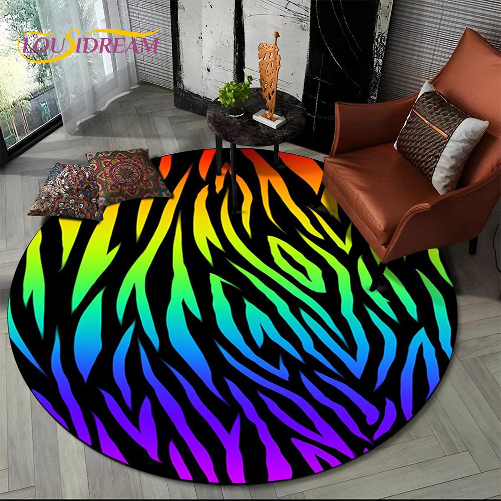 3D Barevný Pruhovaný Vzor Zebra Kulatý Koberec pro Obývací Pokoj, Ložnici, Dětský Herní Koutek Dekor, Protiskluzová Podložka do Zóny pro Domácí Mazlíčky