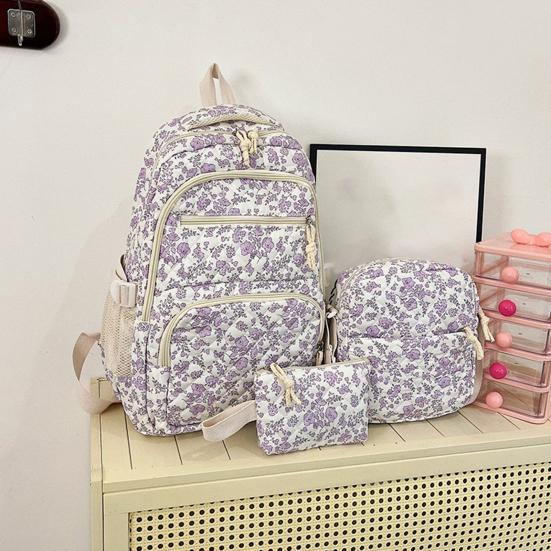 3 Pcs/Set Floral Backpack Women Flower Rucksack Shoulder Bag Makeup Pouch Quilted Daypack for Girls School Work Travel
