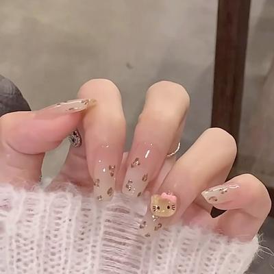 Nail Patch Removable Nails Cute Cat Fake Nails Leopard Print Wearing Nail Nail Patch Diamond 24 Pieces