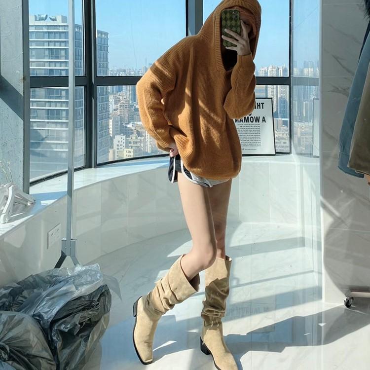 European and American heightening stack boots pleated high-heeled knight boots western cowboy boots women's 2025 autumn boots