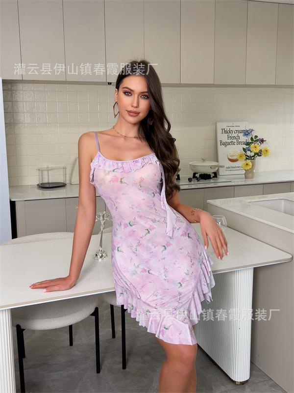 

Sexy new printed suspenders loungewear nightgown pajamas XL світло-фіолетового кольору