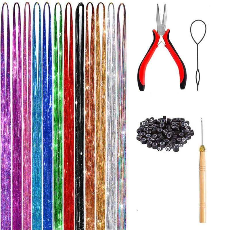 

Color Flash Wig Extension Silk Seamless One Piece Wig Set Laser Colorful Gold Silk Ear Hanging Performance Rainbow Silk Gold wire wiring assembly [12 random colors]]