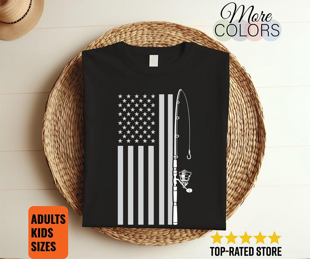 American Flag Fishing Shirt, Patriotic Rod Reel Design Tee, USA Angler Gift, Fisherman Birthday Present, Fourth of July Lake Vacation Outfit