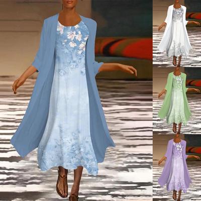 Kadın Günlük Moda Baskı O/Yaka Orta Uzun İki Parçalı Set Elbise