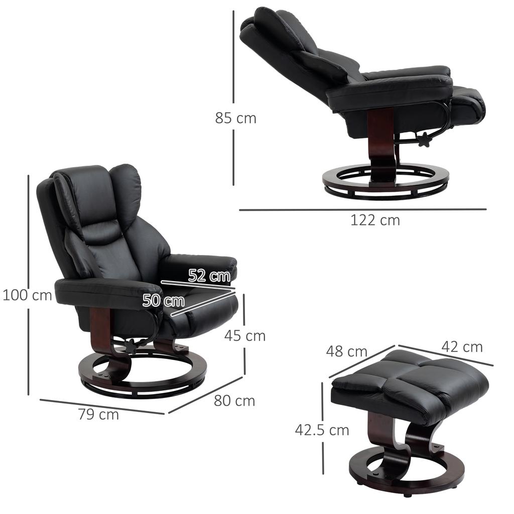 360 Degrees Swivel Recliner Chair with Footstool, PU Leather Manual Recliner Armchair with Footstool, Solid Wood Base