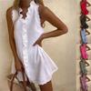 Women's Sleeveless Mini Dress With Wavy Ruffles V-neck Buttons, Loose Casual Beach Skirt