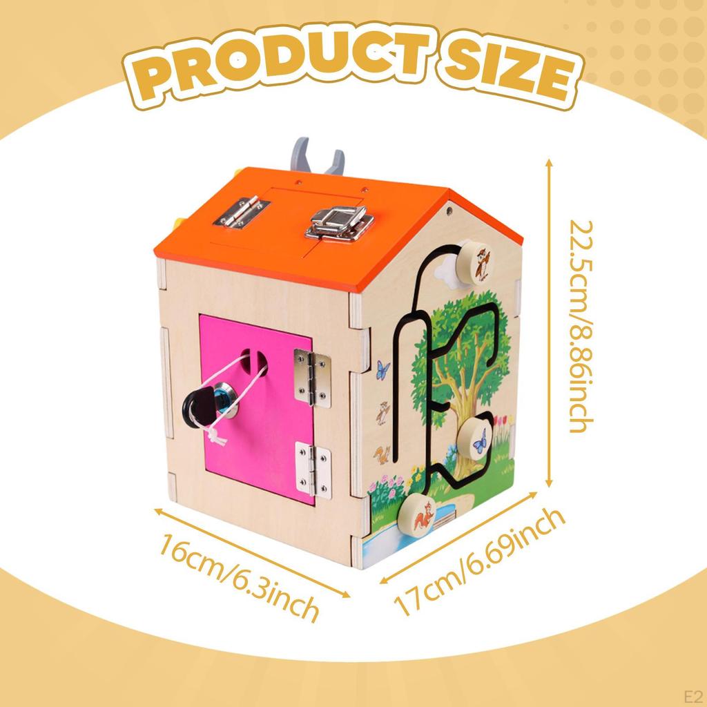 Wood Busy House Multifunctional Activity Cube Track Gears Sensory Board Toy Basic Life Skills for