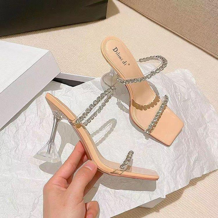 In the Summer of 25 Years, the New Rhinestone One-word with High-heeled Cool Slippers for Women's Thin-heeled Transparent Beautiful Silver High-heeled